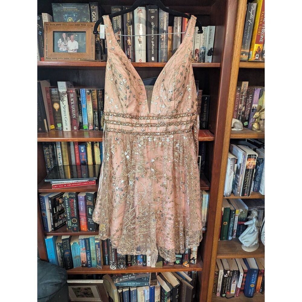Aspeed USA Women's 2XL Rose Gold Sequined Tulle V-Neck Mini Party Dress